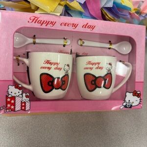 Kitty Bow Ceramic Mug & Spoon Set - White with Red Bow Tea Coffee Cocoa